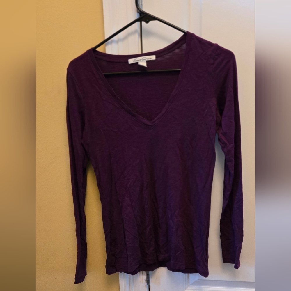 Kenneth Cole New York Purple Fitted V-neck Ribbed Long Sleeve Blouse
